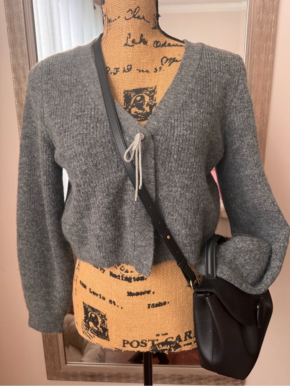Gray Rhinestone Bow Cropped Cardigan Sweater